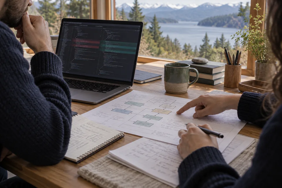Revisión técnica de código y un esquema de arquitectura sobre una mesa de trabajo.